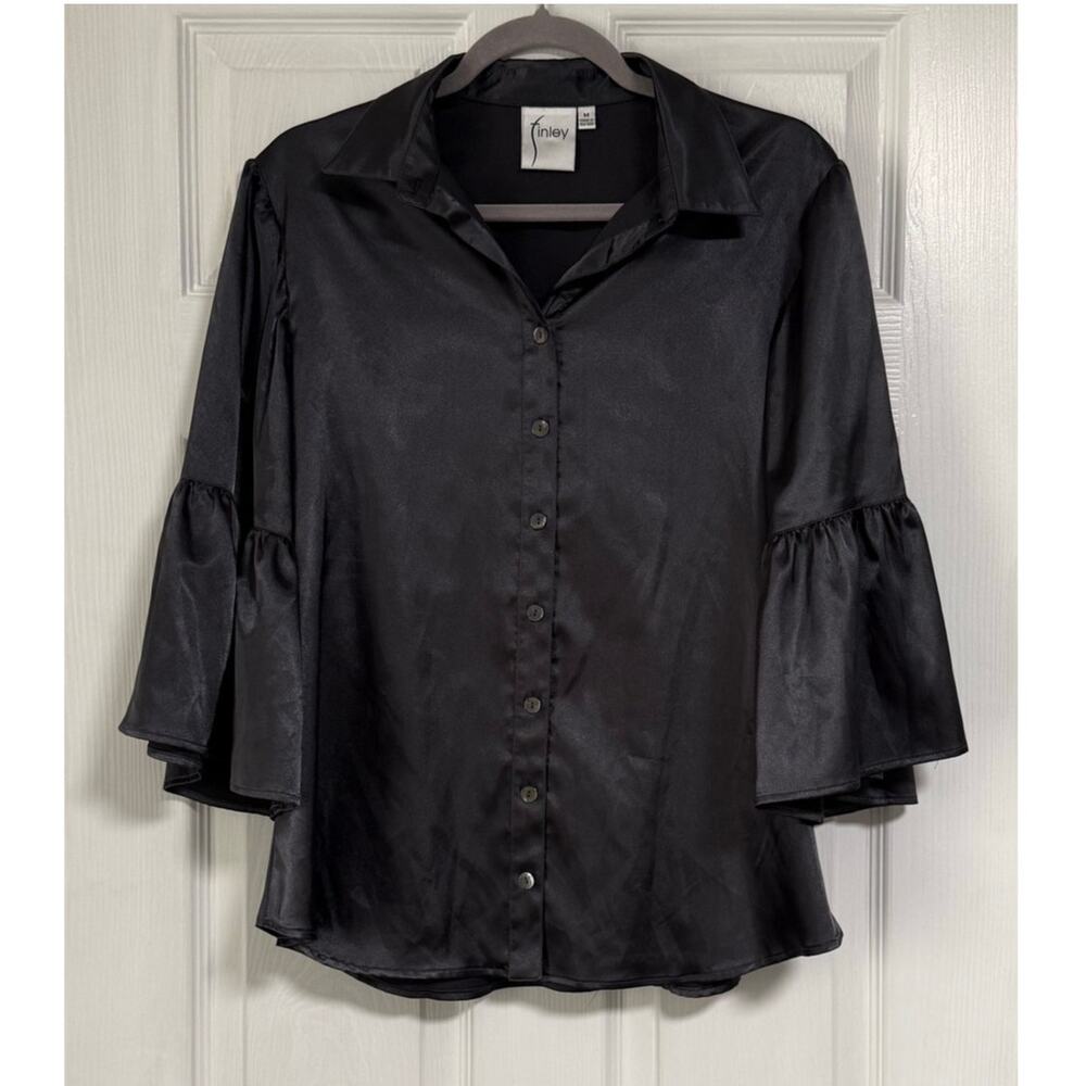 Finley Women's Gray Satin Button Down Bell Sleeve Top Size Medium